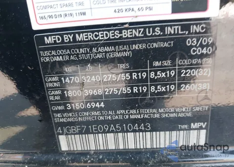 2009 Mercedes-Benz Gl 450 4Matic из США, поврежденный, VIN 4JGBF71E09A510443